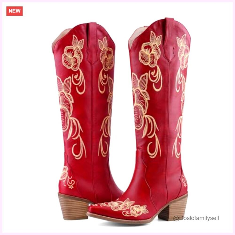 Knee High Cowboy Boots Pointed Toe Chunky Heel Floral Embroidered Pull On - Picture 5 of 7